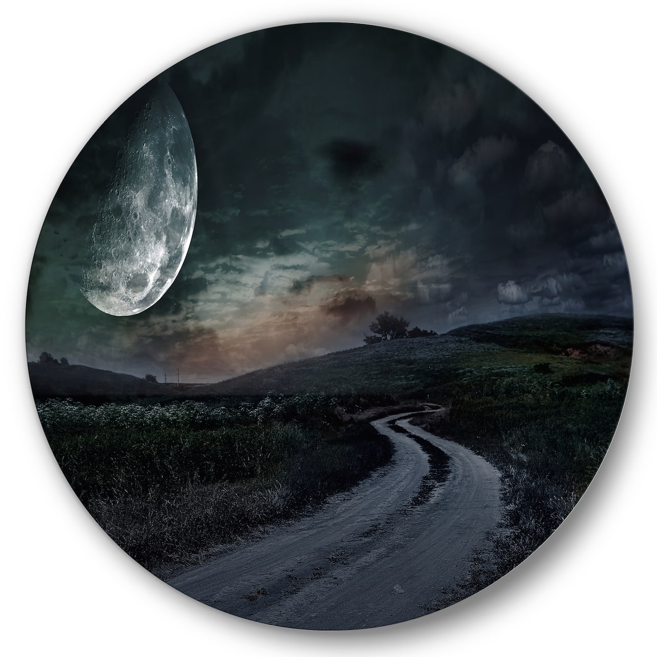 Designart - Rural Road Through The Meadow Under Full Moon - Nautical & Coastal Metal Circle Wall Art